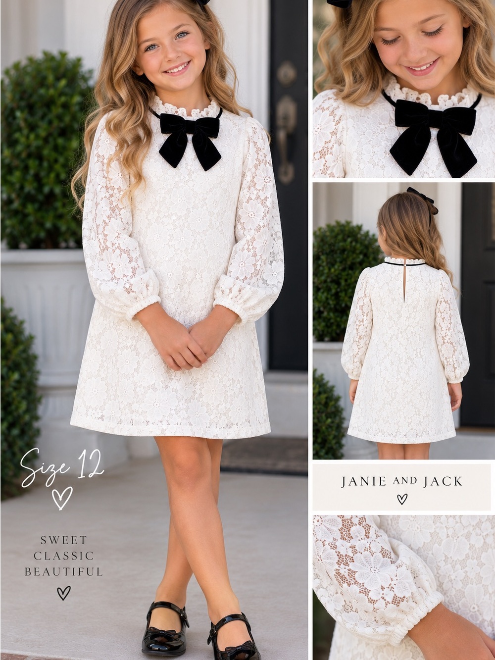 Janie and Jack Ivory Lace Dress with Black Velvet Bow